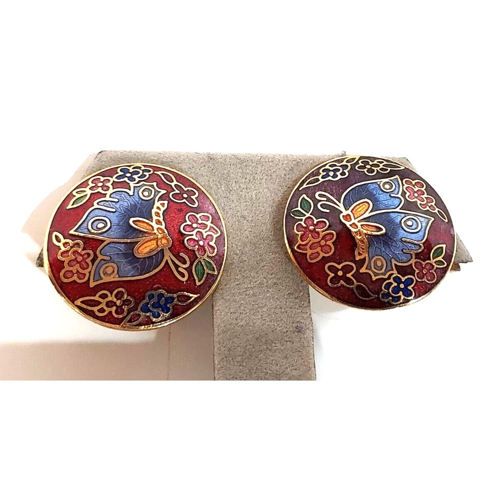 Earrings -Cloisonne Butterfly Gold Tone Round Posts
